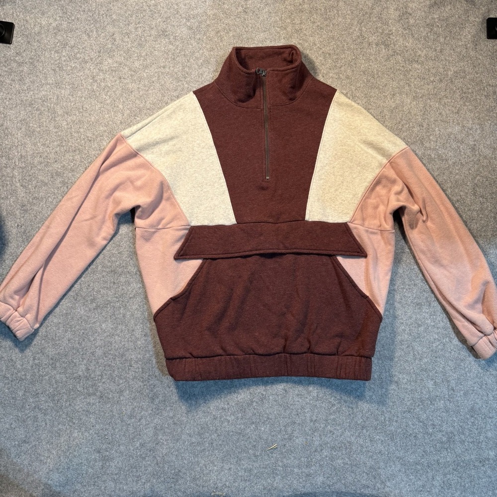 American Eagle Colorblock Quarter-Zip Sweatshirt‎ Small Maroon Pink Cotton Blend